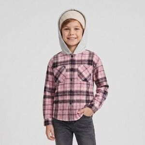 NWT No Boundaries crop flannel hoodie shirt plaid pink gray girls juniors size M